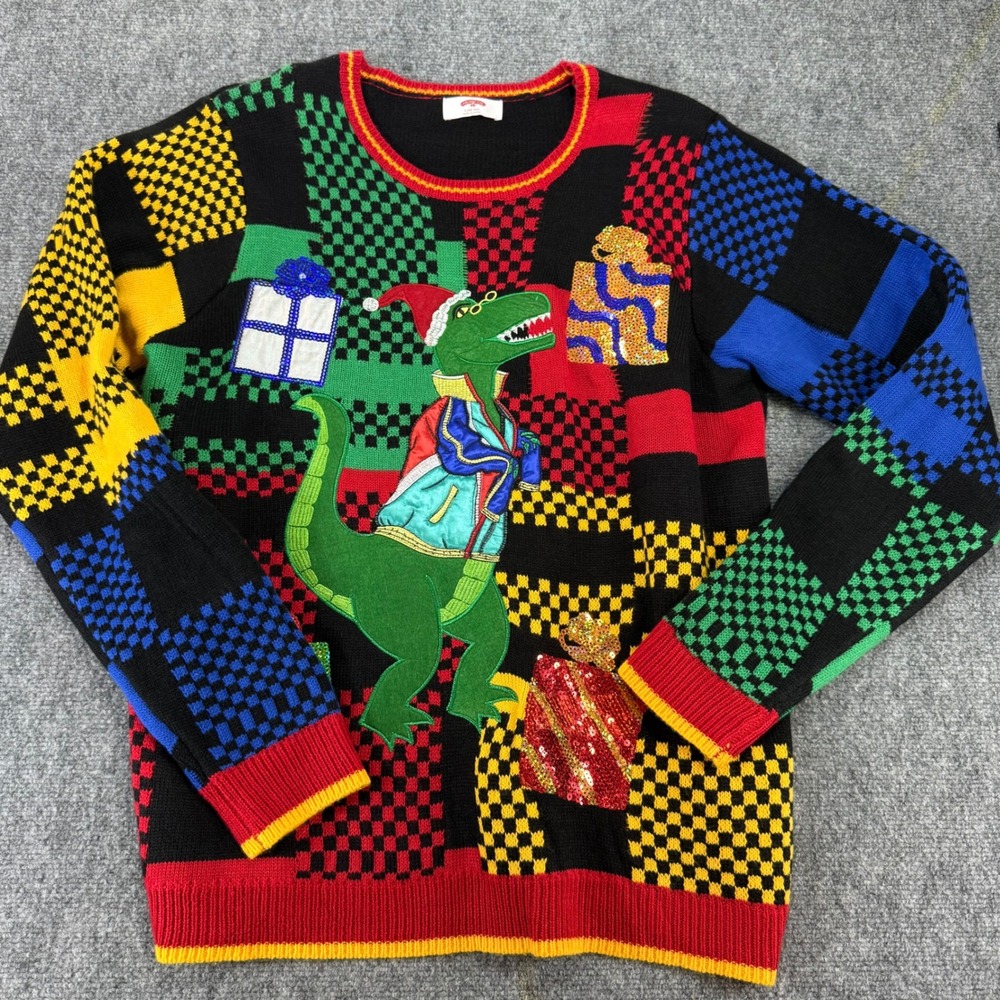 Holiday Time‎ T-Rex Dinosaur Ugly Christmas Sweater Patchwork Multi Size L